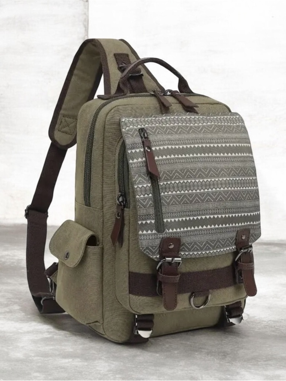 Olive Green Canvas Sling Backpack with Patterned Flap